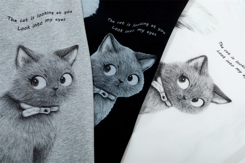 Monskiski Cat Graphic Crew Neck T-Shirt – 3D Sketch Print Short Sleeve Tee