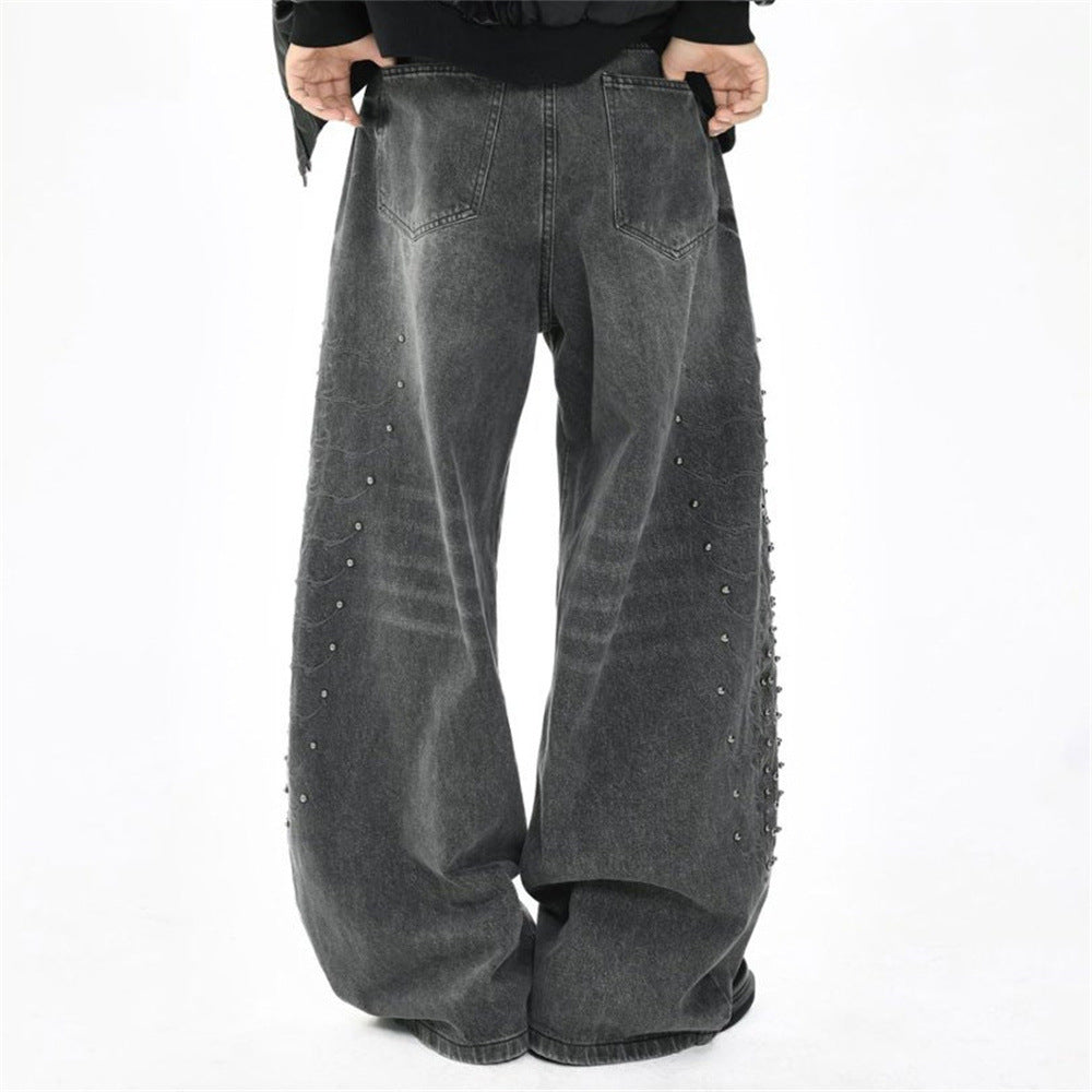 Men's Baggy Wide-Leg Jeans – Studded & Embroidered Washed Denim