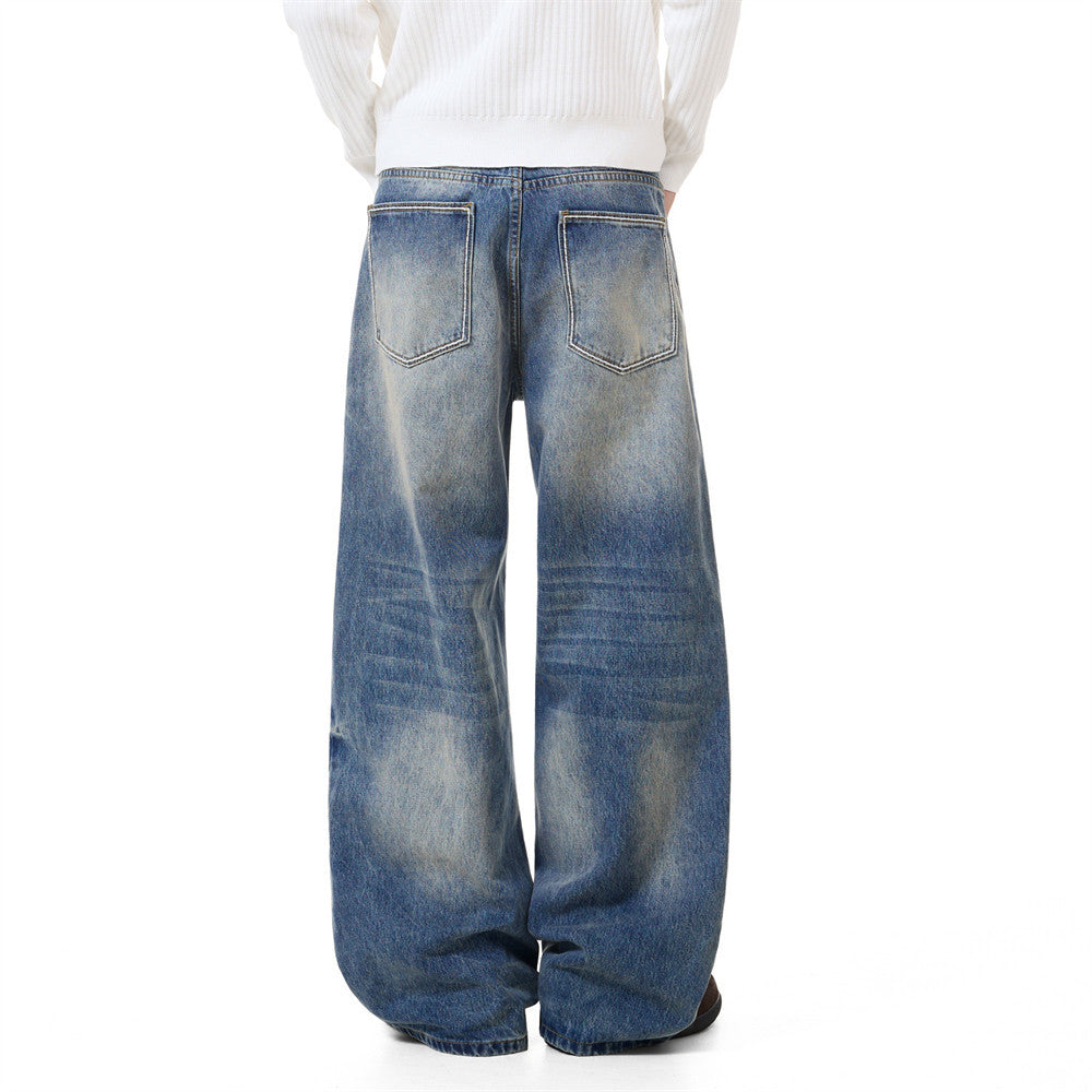 Vaqueros azules para hombre – Pantalón vaquero recto vintage lavado, de pierna ancha y corte baggy