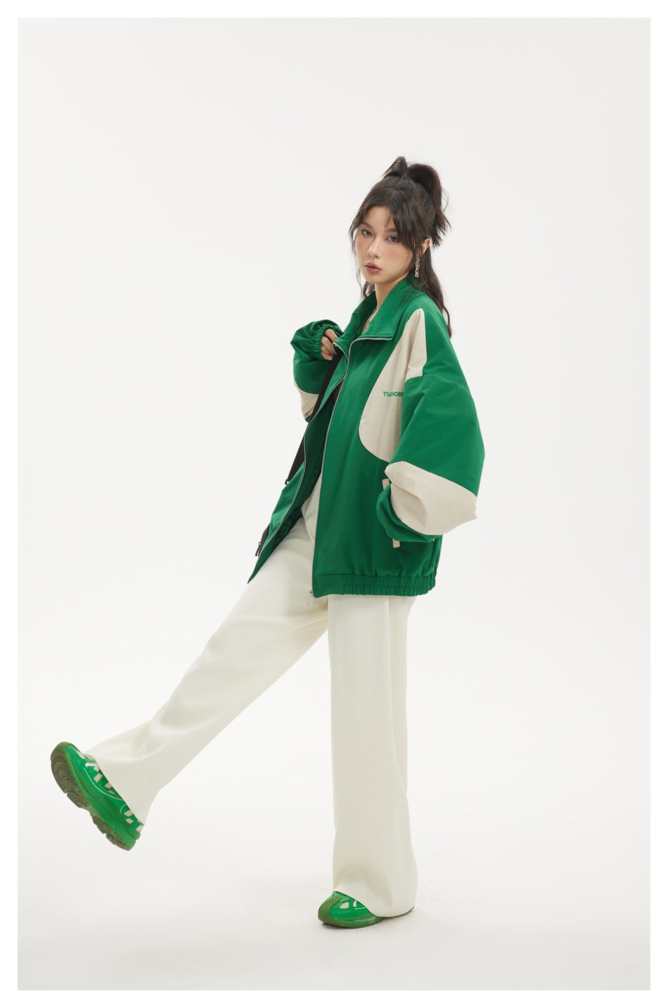 Colorblock Zip-Up Track Jacket — Oversized Retro Varsity Style