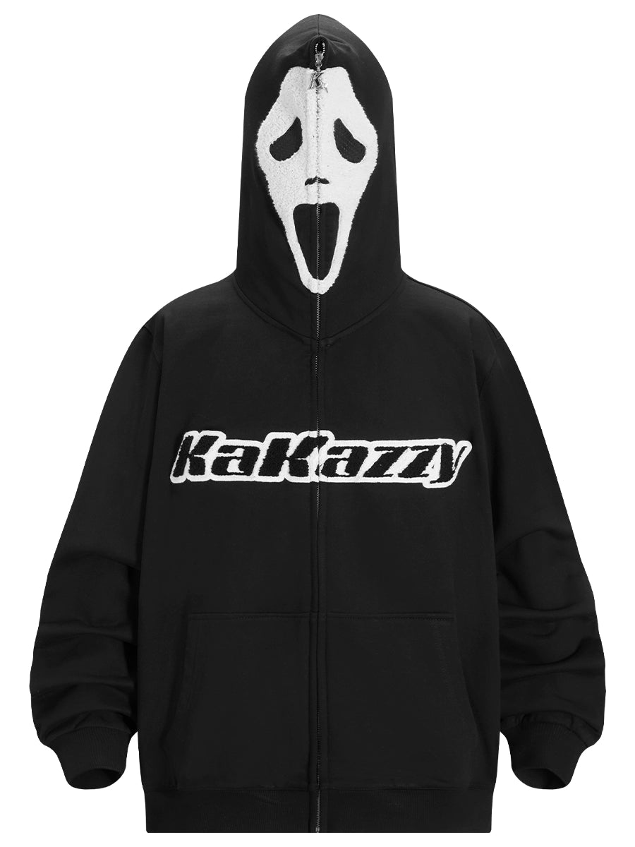 Scream-Inspired Hoodie - 400GSM Oversized Black Zip-Up Horror Movie Sweatshirt