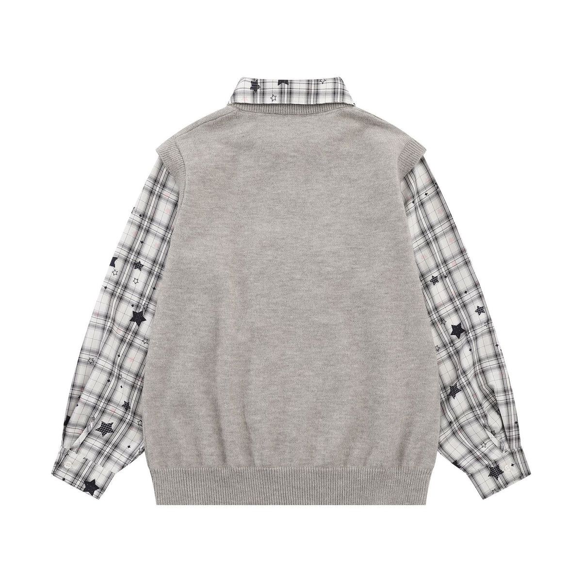 Sweet Cat Fuzzy Knit Sweater with Plaid Shirt Layered Pullover
