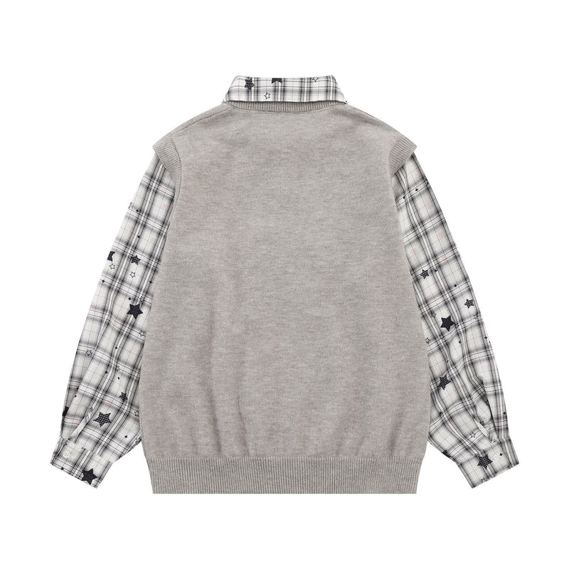 Sweet Cat Fuzzy Knit Sweater with Plaid Shirt Layered Pullover