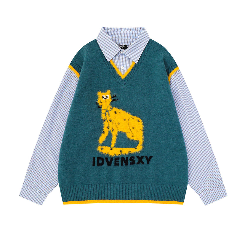 Cat Sweater for Humans – Layered Knit Vest & Plaid Shirt Two-Piece Look