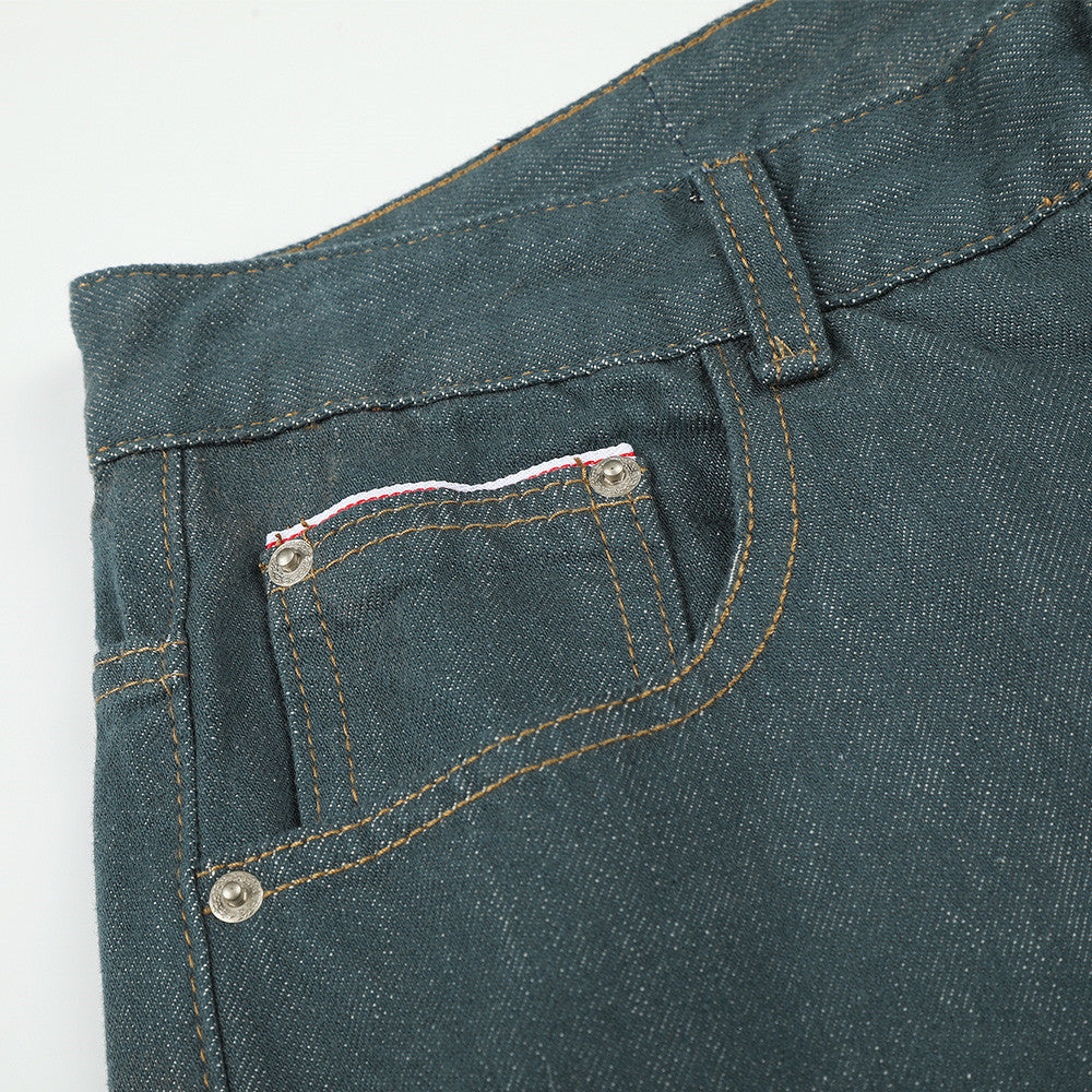 Jeans larges homme – Pantalon droit en denim vert canard à braguette boutonnée