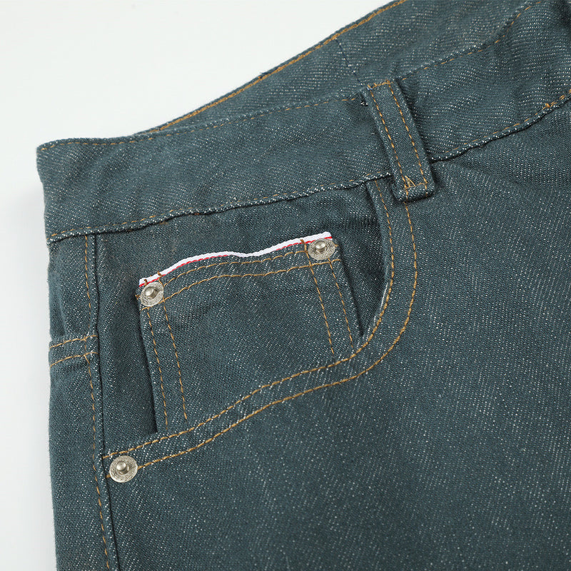 Jeans larges homme – Pantalon droit en denim vert canard à braguette boutonnée
