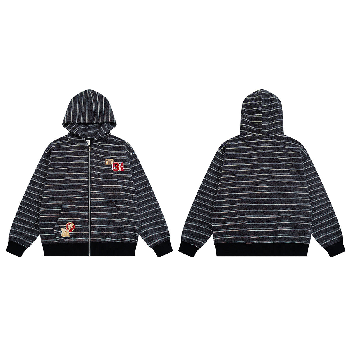 Sudadera de rayas con cremallera y parches varsity – Cárdigan retro americano de felpa