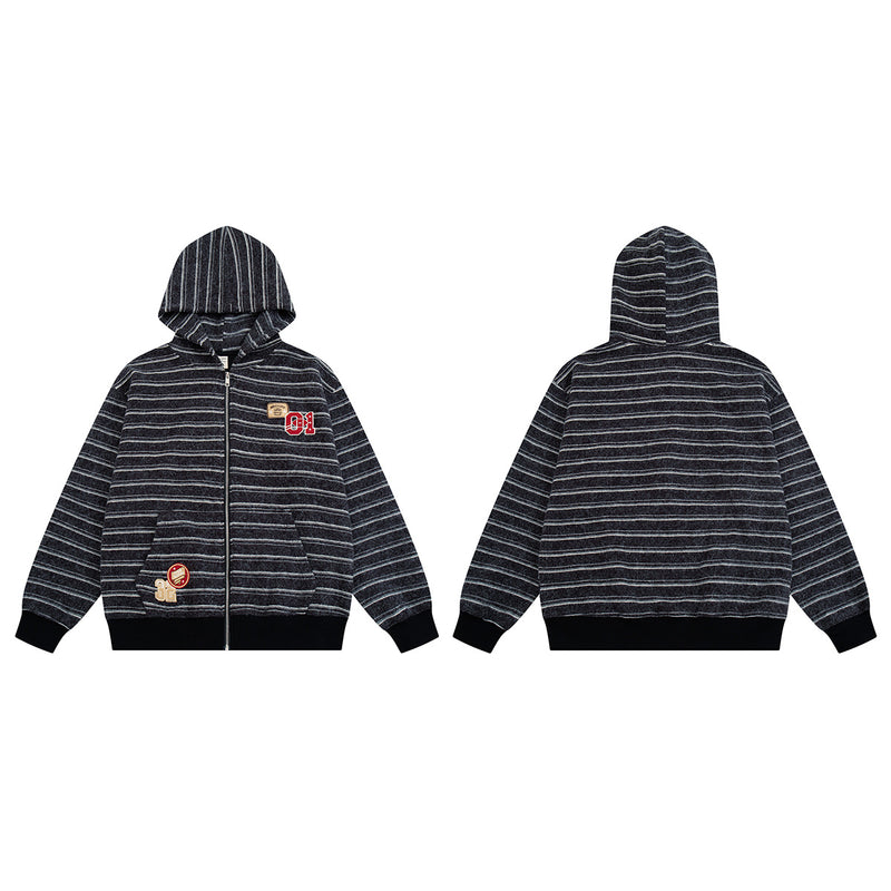 Sudadera de rayas con cremallera y parches varsity – Cárdigan retro americano de felpa