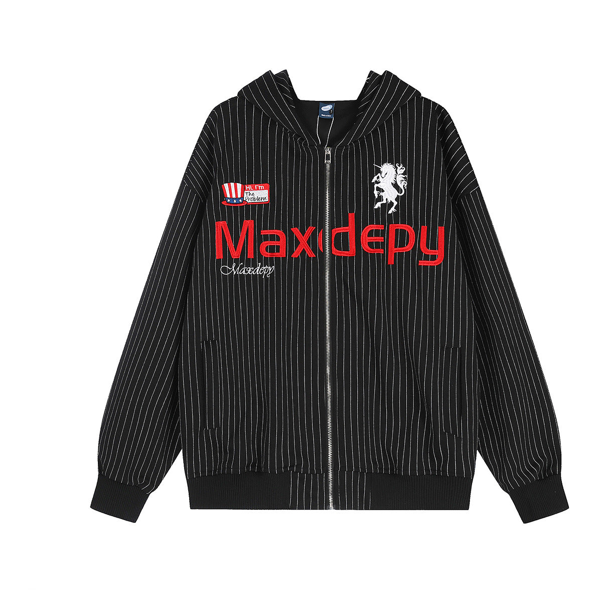 Black pinstripe oversized zip-up hoodie with embroidered red Maxdepy lettering and unicorn graphic, front and back view