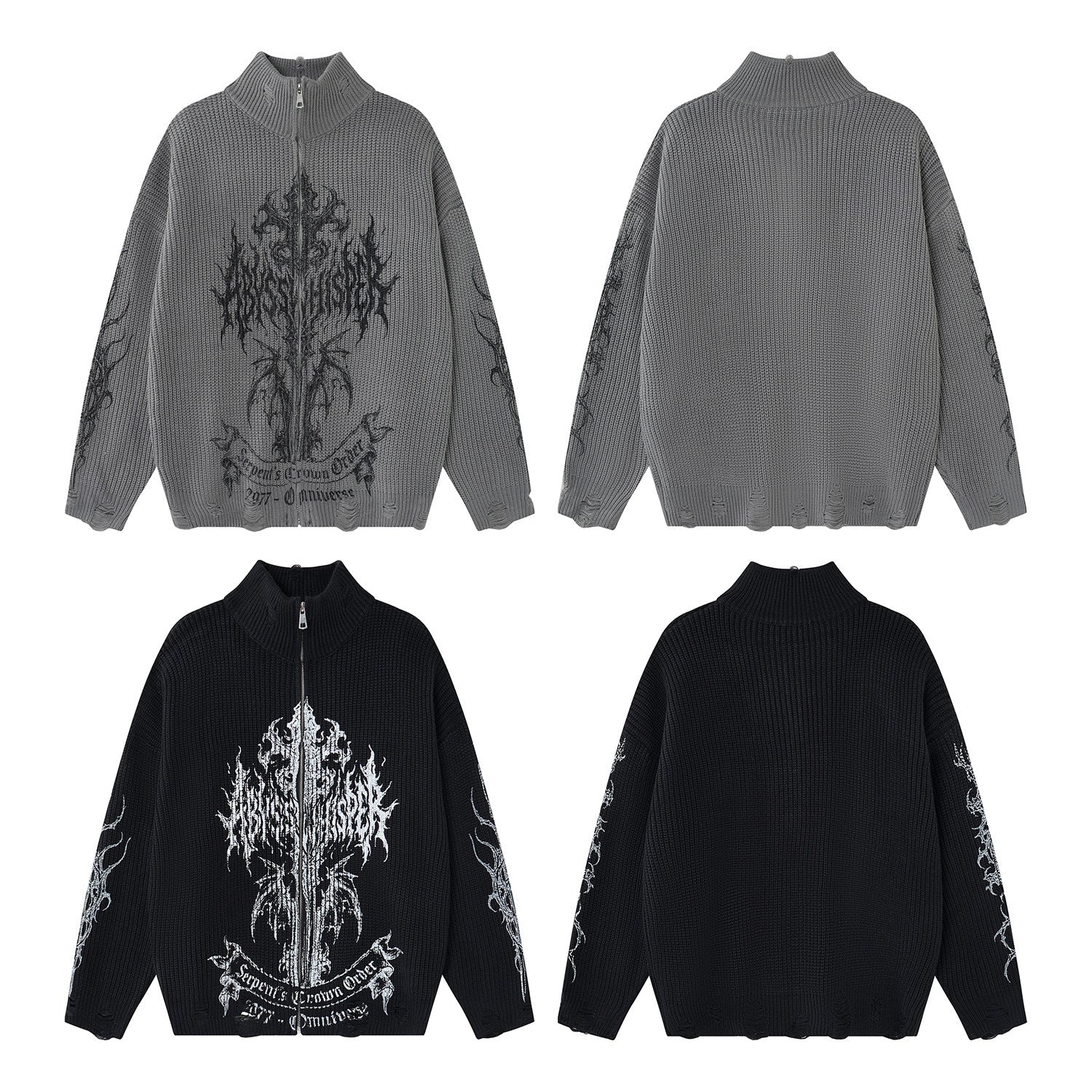 Pull zippé en maille à motif gothique – Col montant punk sombre Abyss Whisper