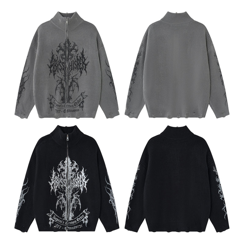 Pull zippé en maille à motif gothique – Col montant punk sombre Abyss Whisper