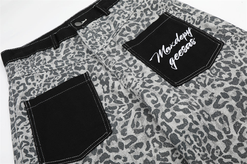Leopard Print Wide-Leg Cargo Pants – Contrast Pocket Embroidered Streetwear Trou