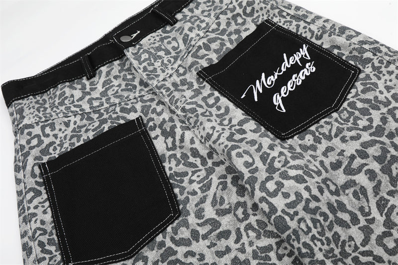 Leopard Print Wide-Leg Cargo Pants – Contrast Pocket Embroidered Streetwear Trou