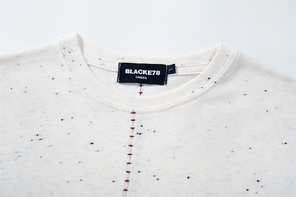 Speckled Long-Sleeve T-Shirt – Mock Neck Relaxed Fit with Center Seam Detail