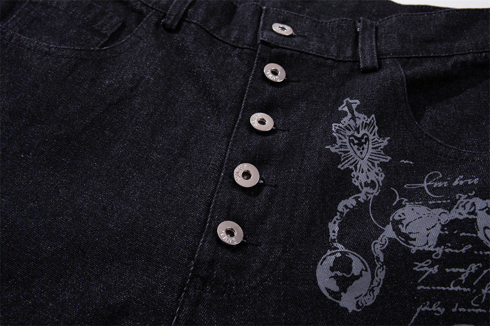 Wide-Leg Jeans – Gothic Cross & Sword Print Black Denim, Baggy High-Street Fit