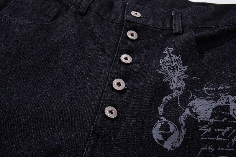 Wide-Leg Jeans – Gothic Cross & Sword Print Black Denim, Baggy High-Street Fit