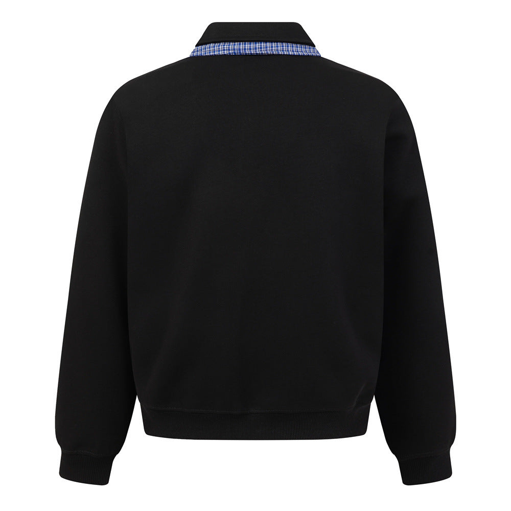 Sweat-shirt homme à col polo et bordure à carreaux | Coupe décontractée, manches longues