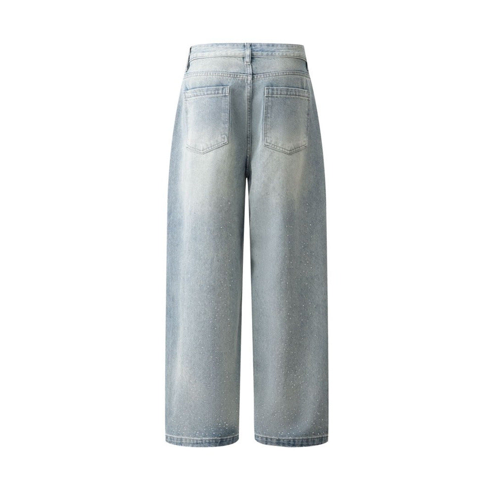 Baggy Denim Jeans Men – Rhinestone Scatter & Dragon Embroidery Wide-Leg Straight