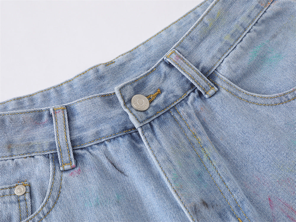 Hand-Painted Graffiti Denim Shorts – Wide-Leg Washed Jean Shorts