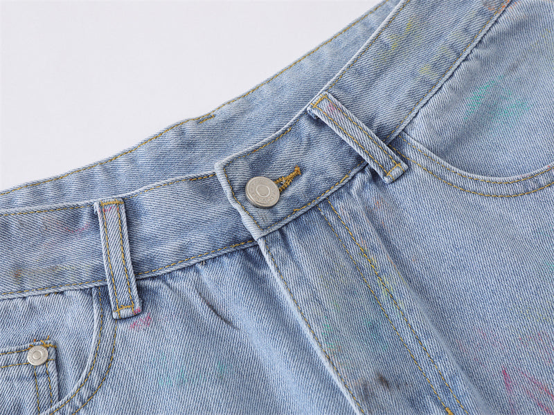 Hand-Painted Graffiti Denim Shorts – Wide-Leg Washed Jean Shorts