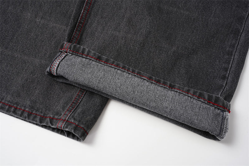 Wide Leg Jeans with Wing & Star Back Print, Red Contrast Stitching