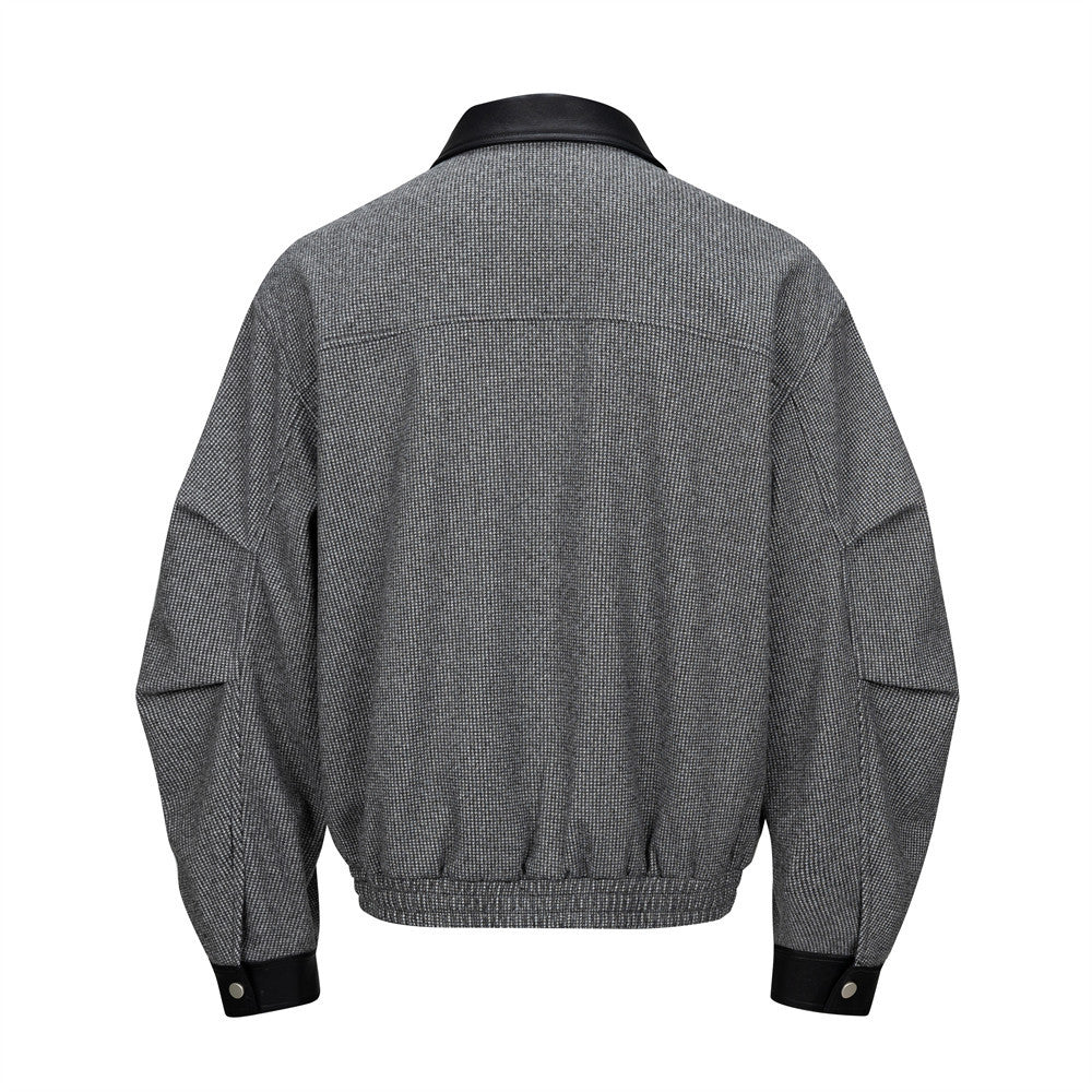 Men's Houndstooth Wool-Blend Bomber Jacket with Leather Collar & Cuffs