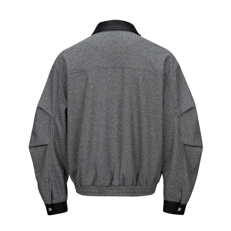 Men's Houndstooth Wool-Blend Bomber Jacket with Leather Collar & Cuffs