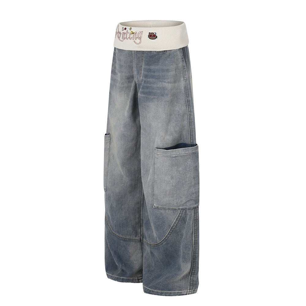 Vaqueros cargo de pierna ancha para hombre: denim lavado con cintura de punto y bolsillos laterales