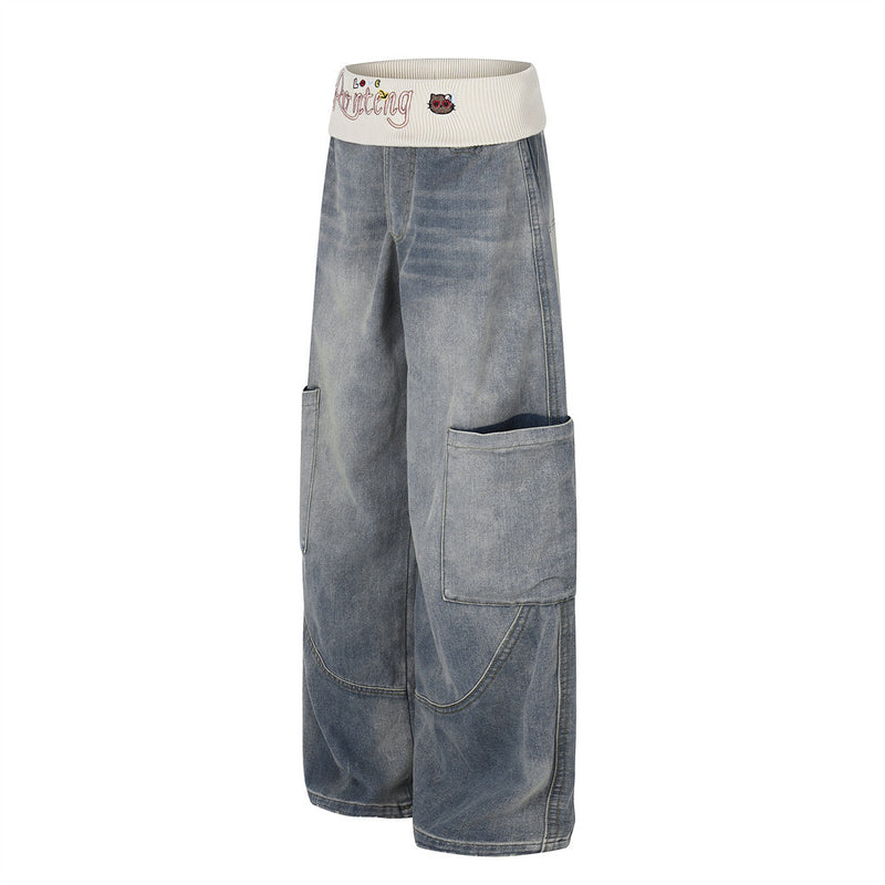 Vaqueros cargo de pierna ancha para hombre: denim lavado con cintura de punto y bolsillos laterales