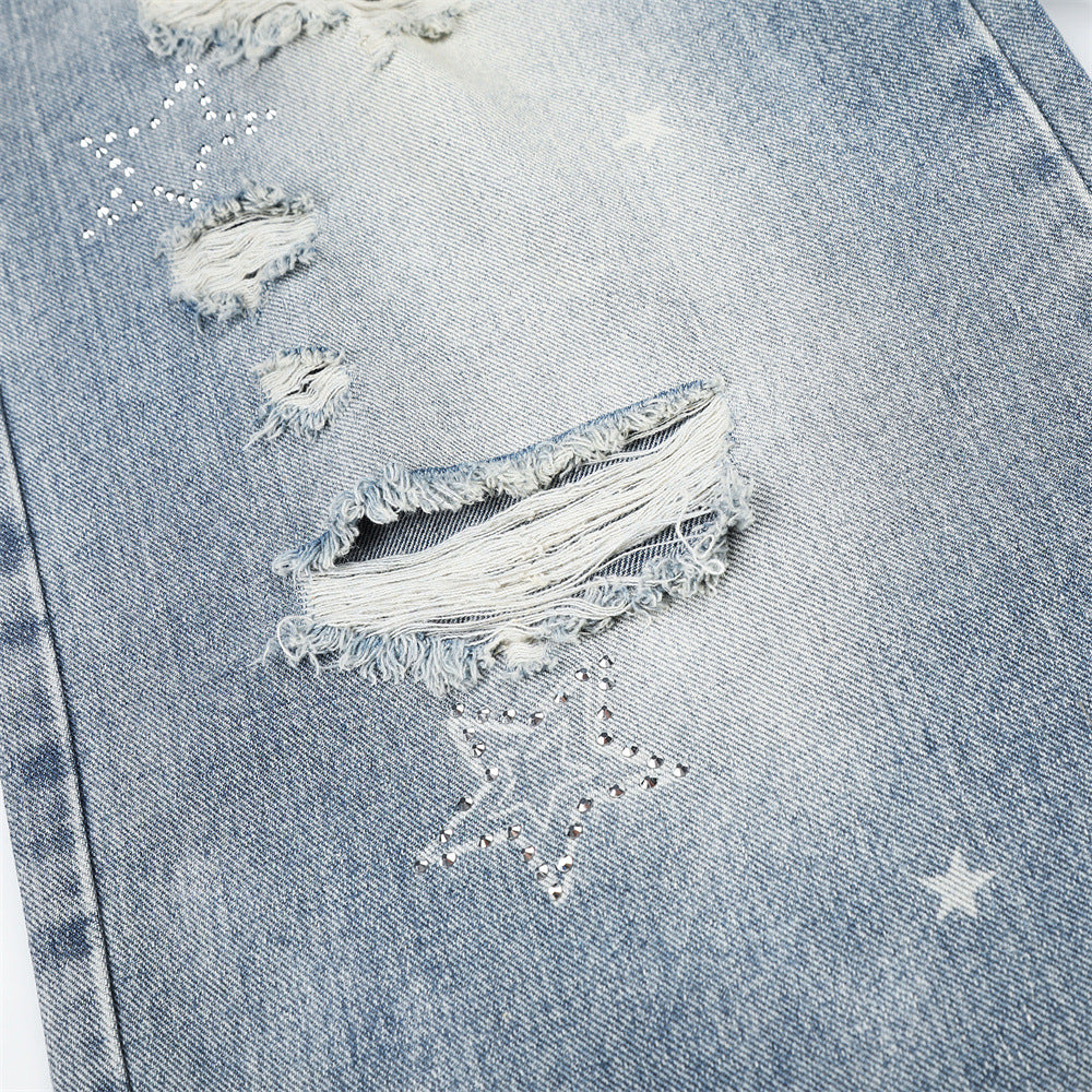 Star Embroidered Distressed Wide-Leg Jeans – Washed Baggy Denim with Ripped Knee