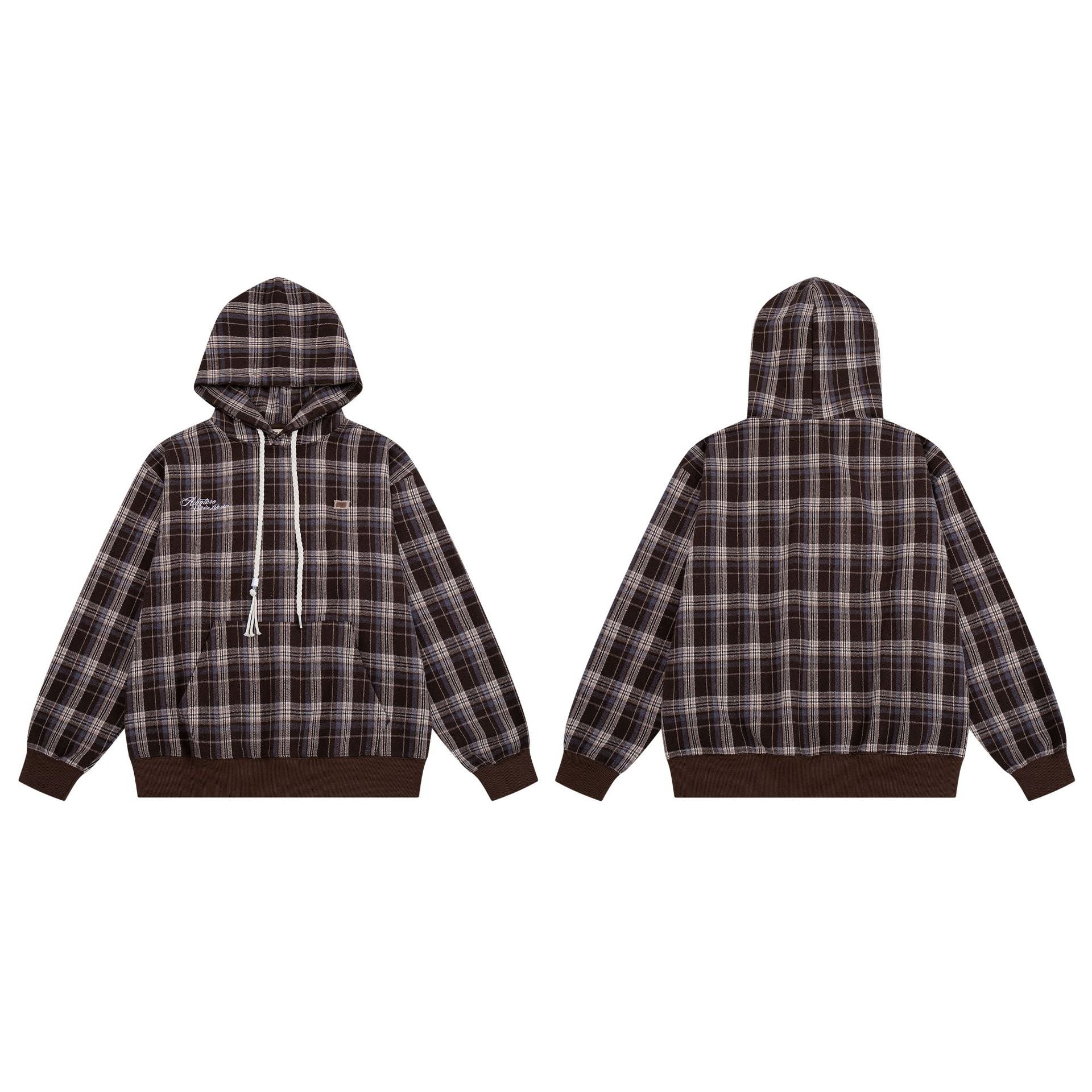 Oversized-Pullover-Hoodie mit braunem Karomuster – Retro-Flanell-Check-Streetwear