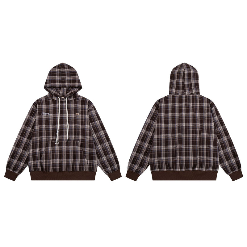 Oversized-Pullover-Hoodie mit braunem Karomuster – Retro-Flanell-Check-Streetwear