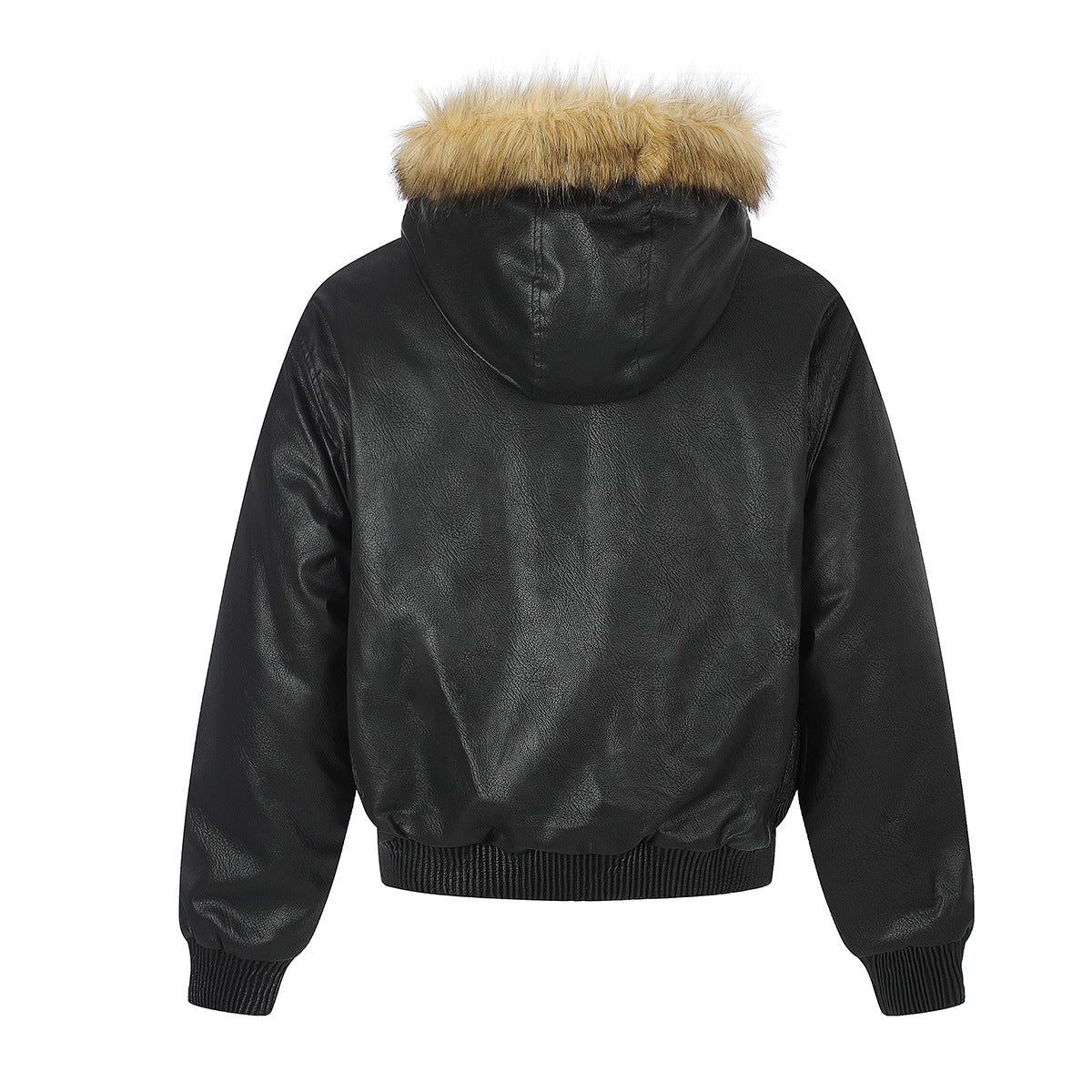 Leather Jacket Fur Collar Studded Hooded Bomber Jacket with Fleece Lining