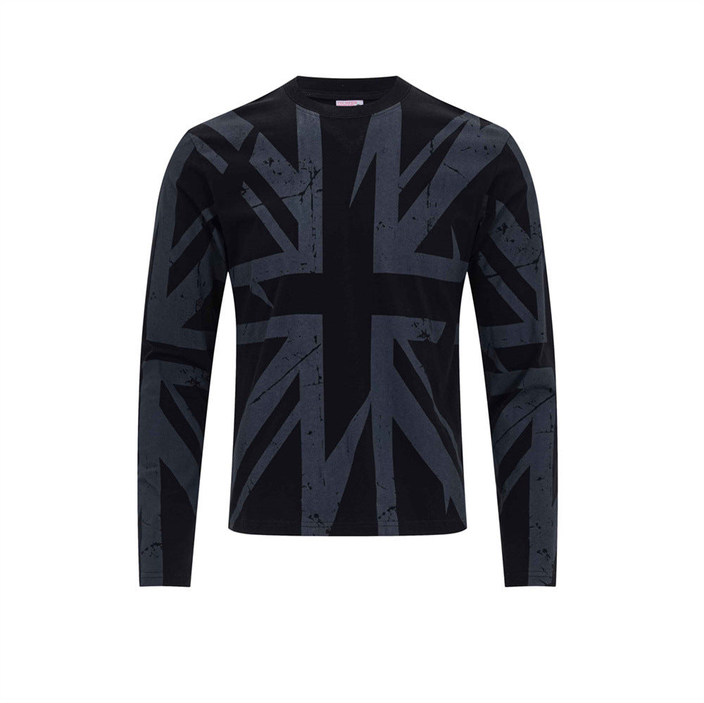 Men's long sleeve graphic tee with distressed Union Jack all-over print in black and white