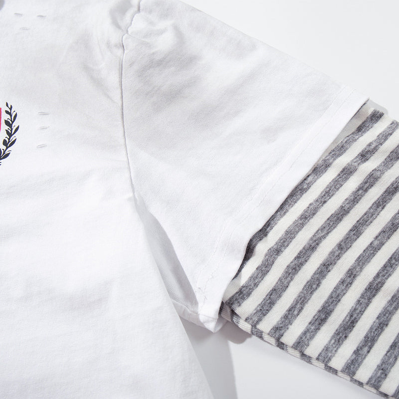 Men's Faux Two-Piece Polo Shirt with Striped Long Sleeves and Distressed Print
