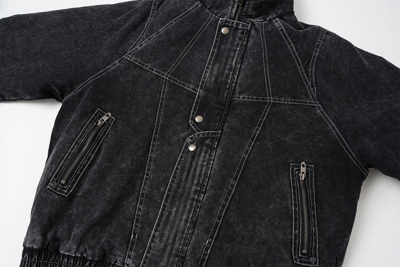Washed Denim Padded Bomber Jacket – Deconstructed Moto-Inspired Outerwear
