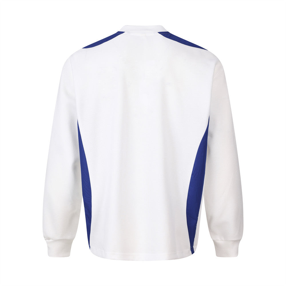 Back view of white long sleeve jersey with blue side panels and V-neck collar