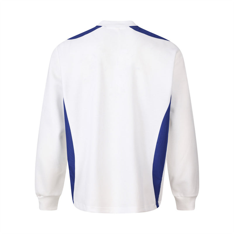 Back view of white long sleeve jersey with blue side panels and V-neck collar