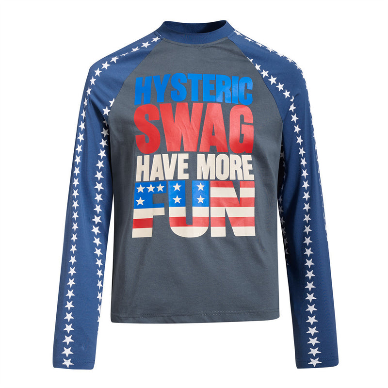 Men's long sleeve crew neck graphic tee with navy star-print raglan sleeves and American flag letter print on chest