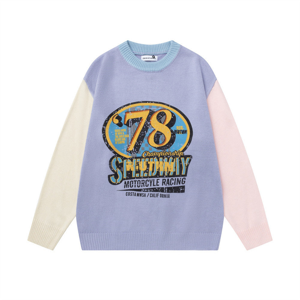 78 Speedway Colorblock Knit Sweater – Oversized Crewneck with Racing Graphic