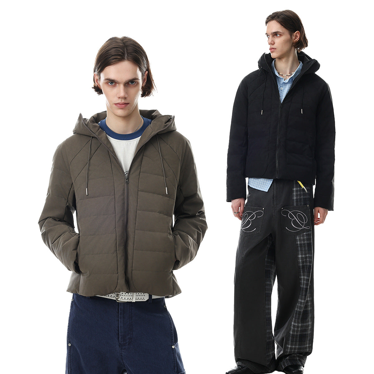 Hooded Quilted Puffer Jacket – Ribbed Panel Down Coat in Olive & Black