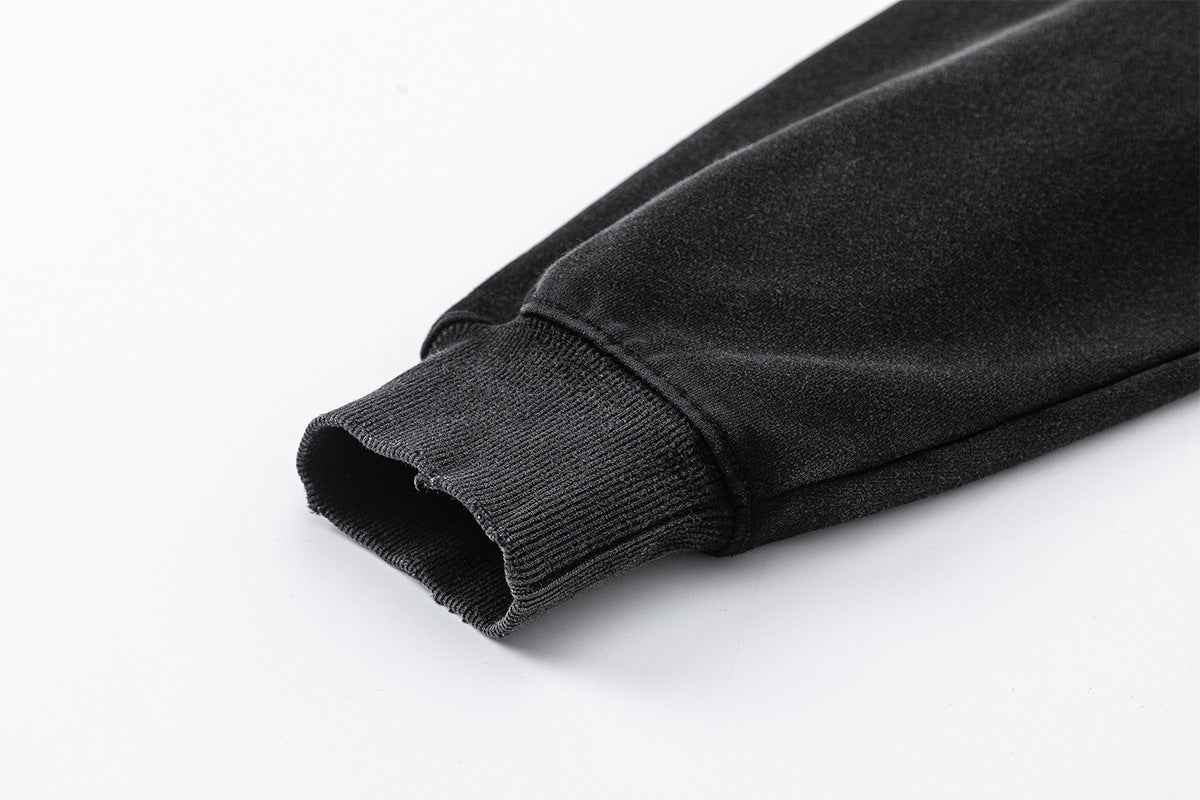 Military Braid Button Washed Black Pullover Hoodie