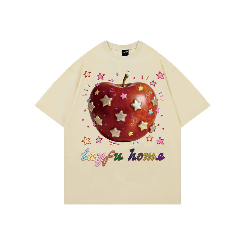 Camiseta de cuello redondo para mujer con gráfico 3D de estrella y manzana, manga corta