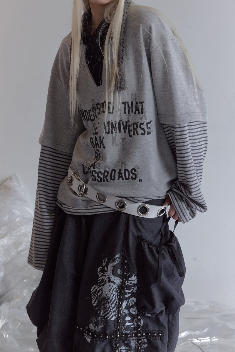 Faux Two-Piece Polo Sweatshirt with Striped Sleeves and Letter Print — Grey