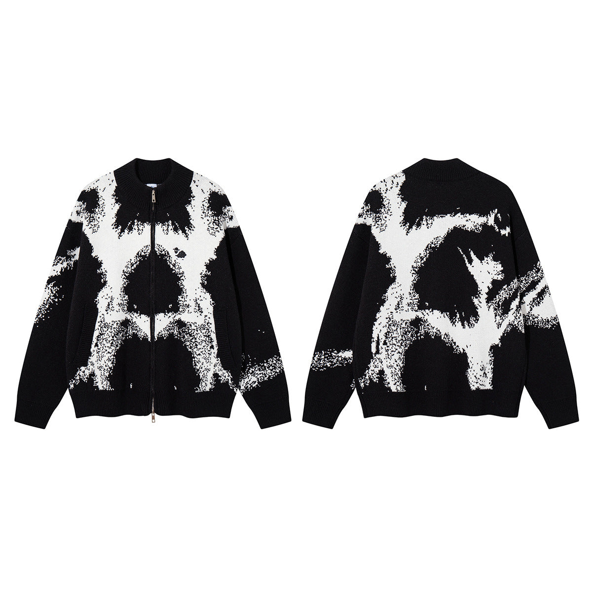 Abstract Bear Jacquard Knit Zip-Up Cardigan Sweater – Oversized High-Street