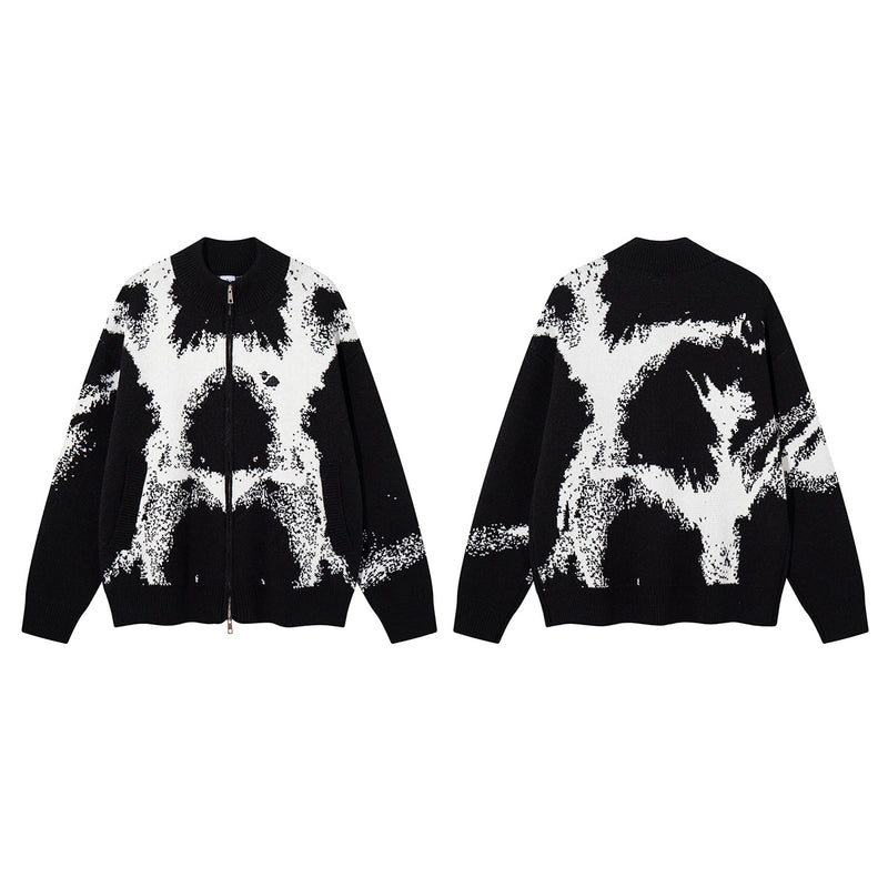 Abstract Bear Jacquard Knit Zip-Up Cardigan Sweater – Oversized High-Street