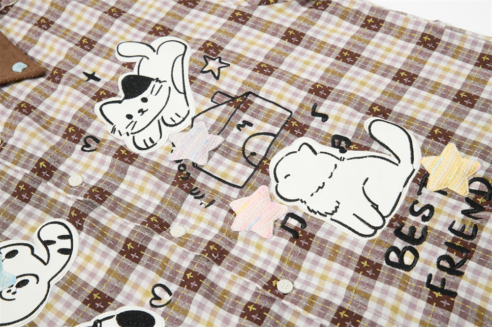 Cartoon Cat & Dog Patch Embroidery Plaid Short Sleeve Shirt