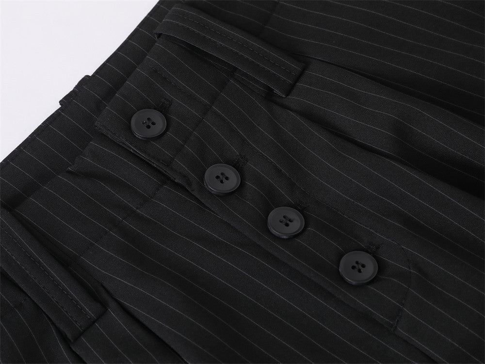 Men's Black Pinstripe Wide-Leg Trousers – Pleated Button-Fly Dress Pants