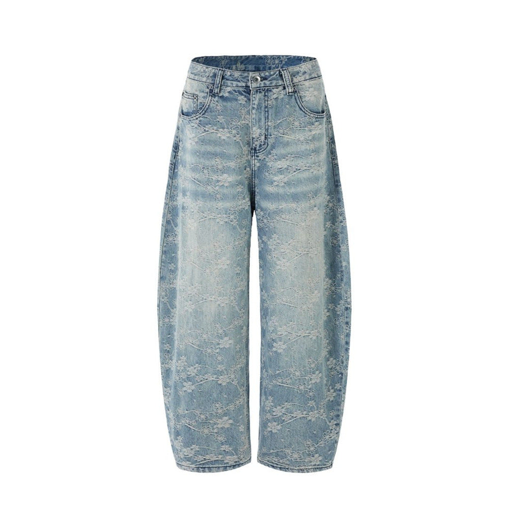 Loose Fit Wide-Leg Jeans – Floral Lace Embroidery, Washed Light Blue Denim