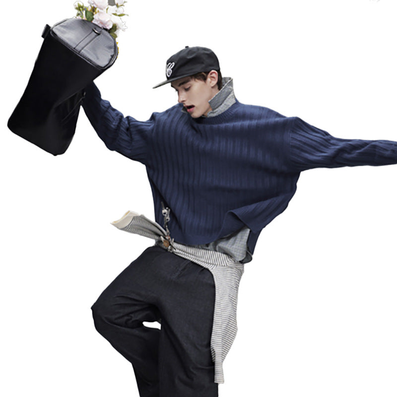 Ribbed Knit Crewneck Sweater — Oversized Fit, Solid Color